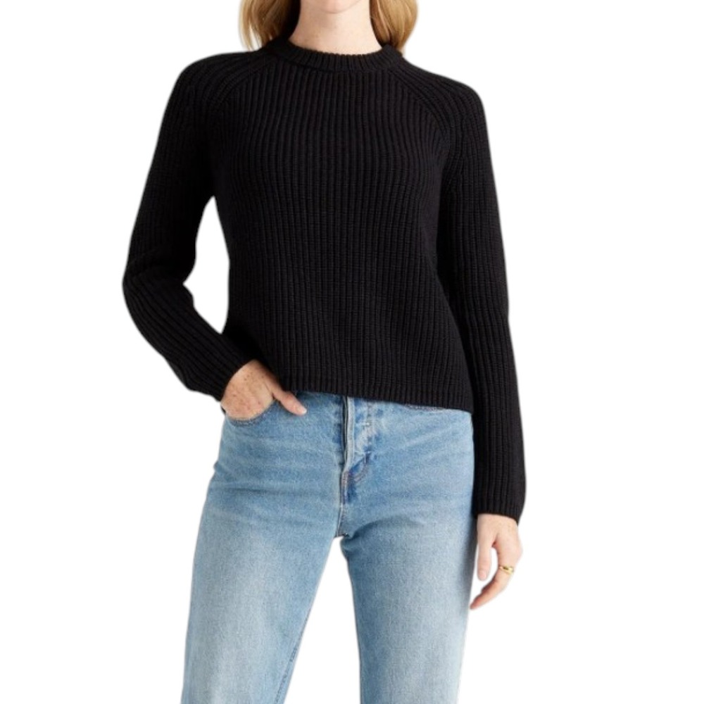 Quince 100% Organic Cotton Fisherman Crew Sweater Womens XS Black Knit Pullover